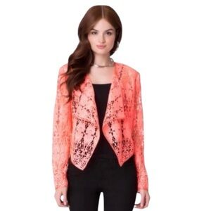 Bebe Coral Floral Coquette Y2K Feminine Open Front Crochet Lace Cardigan Size 00